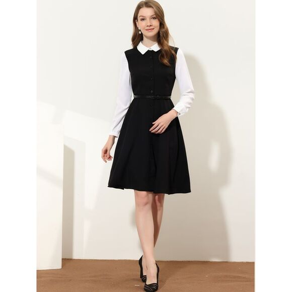 Button Front Dress Long Sleeve Contrast Collar Shirtdress Black White - Picture 3 of 5